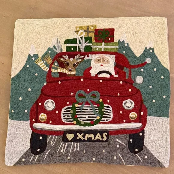 Pottery Barn Red Santa and Reindeer Holiday Pillow Cover - Picture 1 of 4